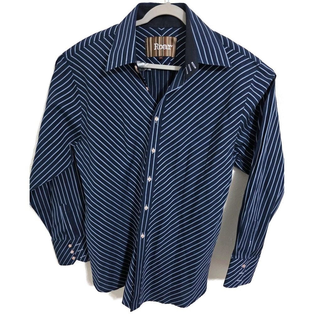 Roar Shirt Mens 2XL Blue Stripe Long Sleeve Button Front Woven Dress Casual